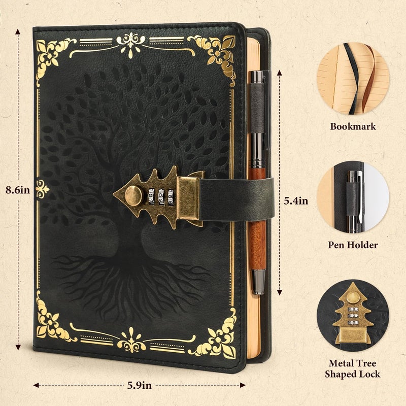 WEMATE Locked Journal with Pen & Gift Box, A5 260 Pages, Refillable, Hardcover Leather Password Notebook for Writing,Vintage Locking Diary for Women, Girls, Men, Students, 8.6 x 5.8 in, Black - Image 3